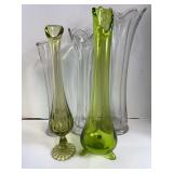 Green Swung Glass Vases and 3 Others