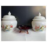 Fenton Art Glass Candle holder and 2 Avon Canisters