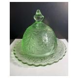 Chantility Green Sandwich Glass Butter or Cheese Dish