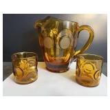 Amber Coin Glass Pitcher and 2 Amber Glasses