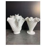 Ruffled Hobnail Milk Glass Vases
