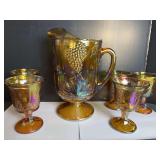 Harvest Grape Marigold Carnival Pitcher and Glasses