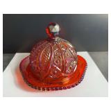 Indiana Glass Sunset Red Carnival Glass Butter or Cheese Dish