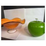 Art Glass Orange Bowl and Glass Apple