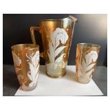 Jeannette Marigold Carnival Glass Pitcher and Glasses