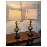 PAIR OF VINTAGE HEAVY BRASS LAMPS WITH SHADES - 35 INCHES TALL