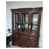 HOOKER SEVEN SEAS FURNITURE - 2 PIECE DINING ROOM HUTCH - HEAVY GLASS SHELVES - MIRRORED BACK - 3 DRAWER AND 3 DOORS IN BOTTOM WITH 1 BEING A SILVERWARE DRAWER - MEASURES 63X17X87