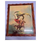 WOODEN PICTURE OF MAN FIGHTING DRAGON  BY BORIS 78