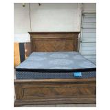 KING SIZE BED WITH BUILT IN USB CHARGING PORTS - HEADBOARD AND FOOTBOARD WITH RAILS - RENUE PERFORMANCE BOX SPEINGS AND MATTRESS WILL BE GIVEN TO BUYER IF WANTED - GOOD HEAVY MADE BED