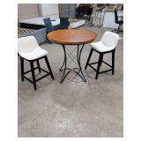 NEW - COUNTER HEIGHT 3 PIECE DINING SET - COMES WITH ROUND TABLE WITH 2 VEGAN LEATHER STOOLS - TABLE MEASURES 36 ROUND AND 36 TALL - STOOLS ARE 25 INCHES FLOOR TO SEAT