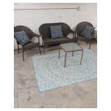 5 PIECE PATIO SET - LOVE SEAT 2 CHAIRS - SIDE TABLE - RUG AND 3 CUSHIONS