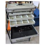 BOLT AND SCREW STORAGE TOTE ON WHEELS WITH PULL HANDLE
