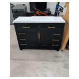 STYLE SELECTIONS - CAULEY 48 INCH VANITY WITH MARBLE TOP - BLACK FINISH BASE WITH WHITE CULTURED MARBLE TOP AND BRUSHED GOLD FINISH HANDLES