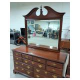 CHERRY 8 DRAWER DRESSER WITH MIRROR - HAS FINISH DAMAGE ON LEFT SIDE - 62X20X83 TO TOP OF MIRROR