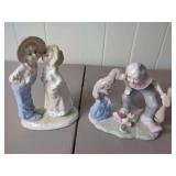 Figural Porcelain Statues, Boy and Girl Kissing, Clown with Dog