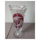 Bohemian Ruby Overlay Crystal Vase with Bird Motif