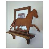 Wooden Horse Weathervane Figure on Shelf with Raccoon Picture