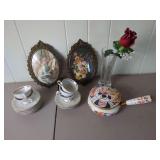Porcelain Tea Cups, Saucers, Trinket Box, Floral Framed Pictures, and Vase