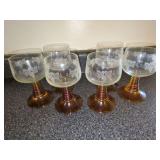 Set of Six Etched Glass Wine Goblets