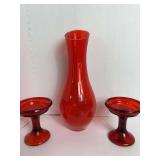 Murano Italy Red Vase and 2 Candle Holders