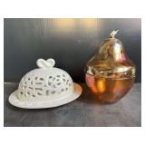 Carnival Glass Pear and Ceramic Butter Dish