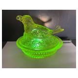 Degenhart Vaseline Glass Bird with Berry