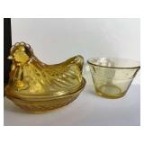 Hen on Nest and Depression Glass Cup