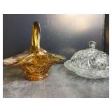 Amber Tiara Glass Basket and clear Butter Dish