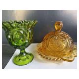 Kemple Amber Butter Dish and Green Moon and Stars  L.E. Smith Compote