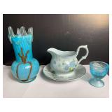 Mikasa Precious Blue Pitcher and Dish and Blue Art Glass