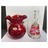 Bohemian Art Glass Bell and Rainbow Art Glass Vase