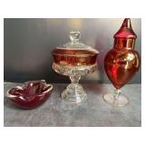 Kings Thumbprint Compote and Ruby Red Art Glass Ashtray - Footed Vase