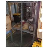 Metal Shelving Unit with Assorted Kitchenware and Household Items