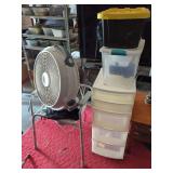 Invacare Commode Chair, WindMachine Fan, and Plastic Storage Bins
