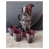 Antique Victorian Hand Painted Water Pitcher & Glasses