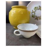USA Pottery Cookie Jar without Lid, and 4 Plates of Anchor Hocking plates with 3 tea cups