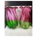 Rose and Green Art Glass Vases