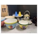Ceramic Bowls - Cake Plate - Red Glass Cups and Saucers