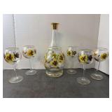 Hand-Painted Floral Decanter and 5 Stemmed Glasses