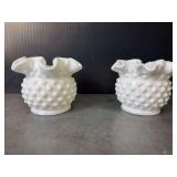 Vintage Fenton White Milk Glass Hobnail Ruffled Edge Vases