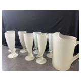 Tiara Indiana Glass Frosted Powder Horn pilsner glasses and a matching pitcher