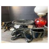 MCM Black Panthers - Glass Cake Tray Bottom and Red Painted Lamp