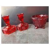 Vintage Fostoria Ruby Red Coin Glass candle holders & Footed Candy Glass