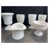 Milk Glass Daisy and Button Top Hat and 5 Pedestal Glasses