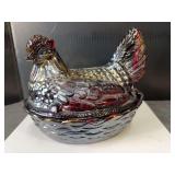 Red Carnival Glass Hen on Nest Large