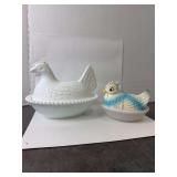 Indiana Milk Glass Hen on Nest & Ceramic Mis-matched Hen on Nest