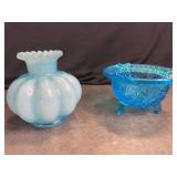 Fenton Blue Cased Vase and Blue Daisy and Footed Button Ashtray