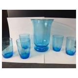 Etched Blue Vase and 5 Glasses