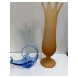 Westmoreland Frosted Peach Swung Vase and Blue Hand Blown Vase