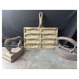 Cast Iron Fish Shape Pan and 2 Sad Irons
